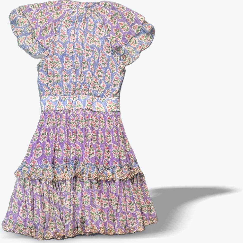 Hemant and Nandita Mini Dress Purple Floral Metallic Ruffle XS Bohemian Tassel - Picture 2 of 9